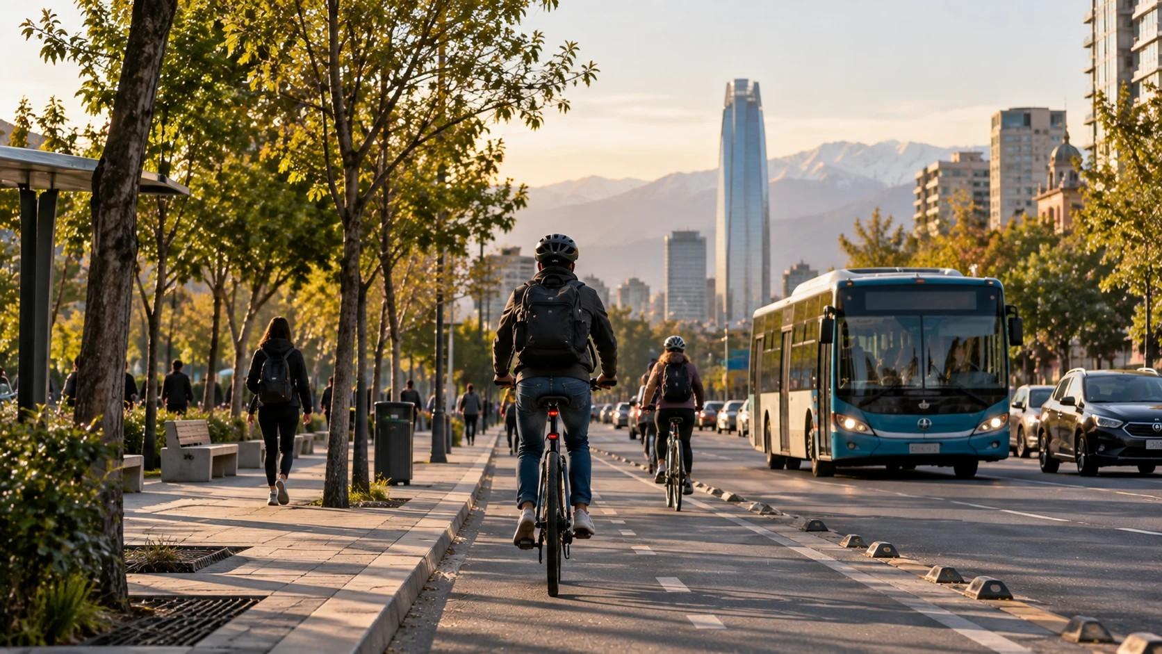 Ciclistas circulando por una ciclovía junto a un bus del transporte público en Santiago con la cordillera al fondo