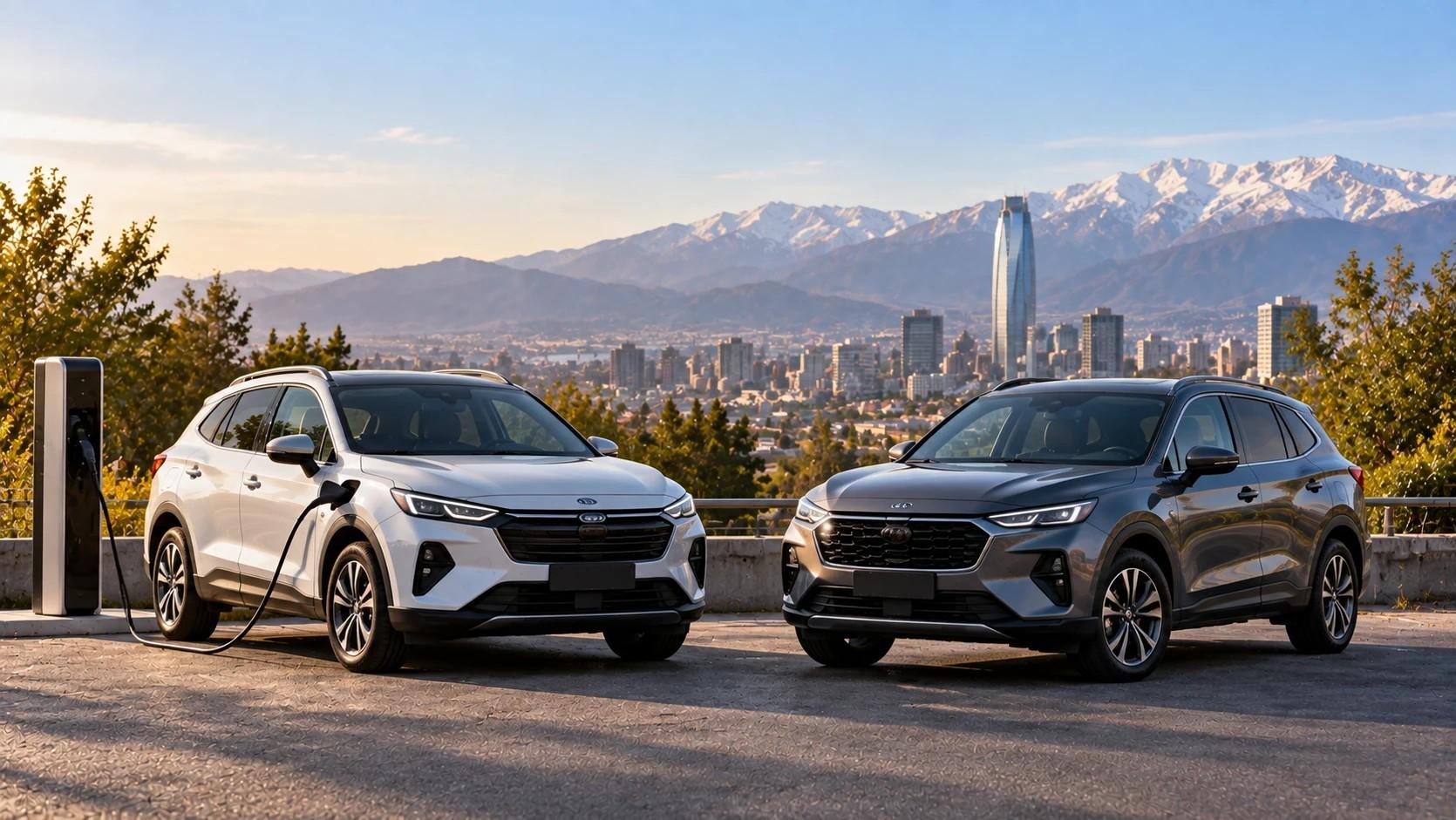 Dos SUV, uno blanco conectado a un cargador y uno gris, estacionados en un mirador de Santiago con la Costanera Center y la cordillera nevada al fondo