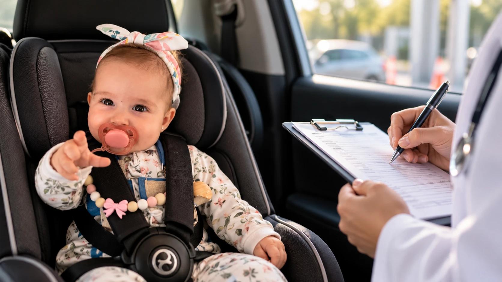 Bebé sentada en una silla de auto mientras una profesional de la salud completa un formulario junto a la puerta del vehículo