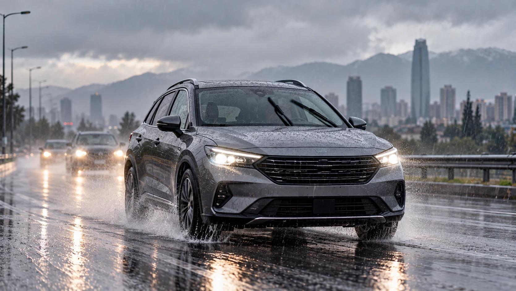 SUV gris con las luces encendidas avanzando por una autopista mojada bajo la lluvia, con el skyline de Santiago y la cordillera de fondo