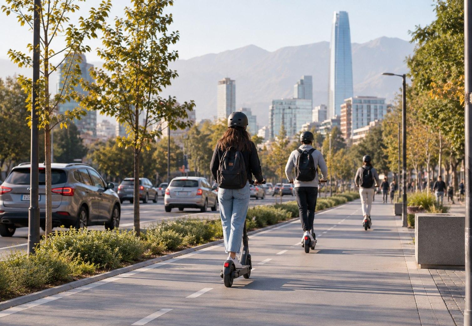 Tres personas con casco circulando en scooters eléctricos por una ciclovía de Santiago, con la cordillera de fondo
