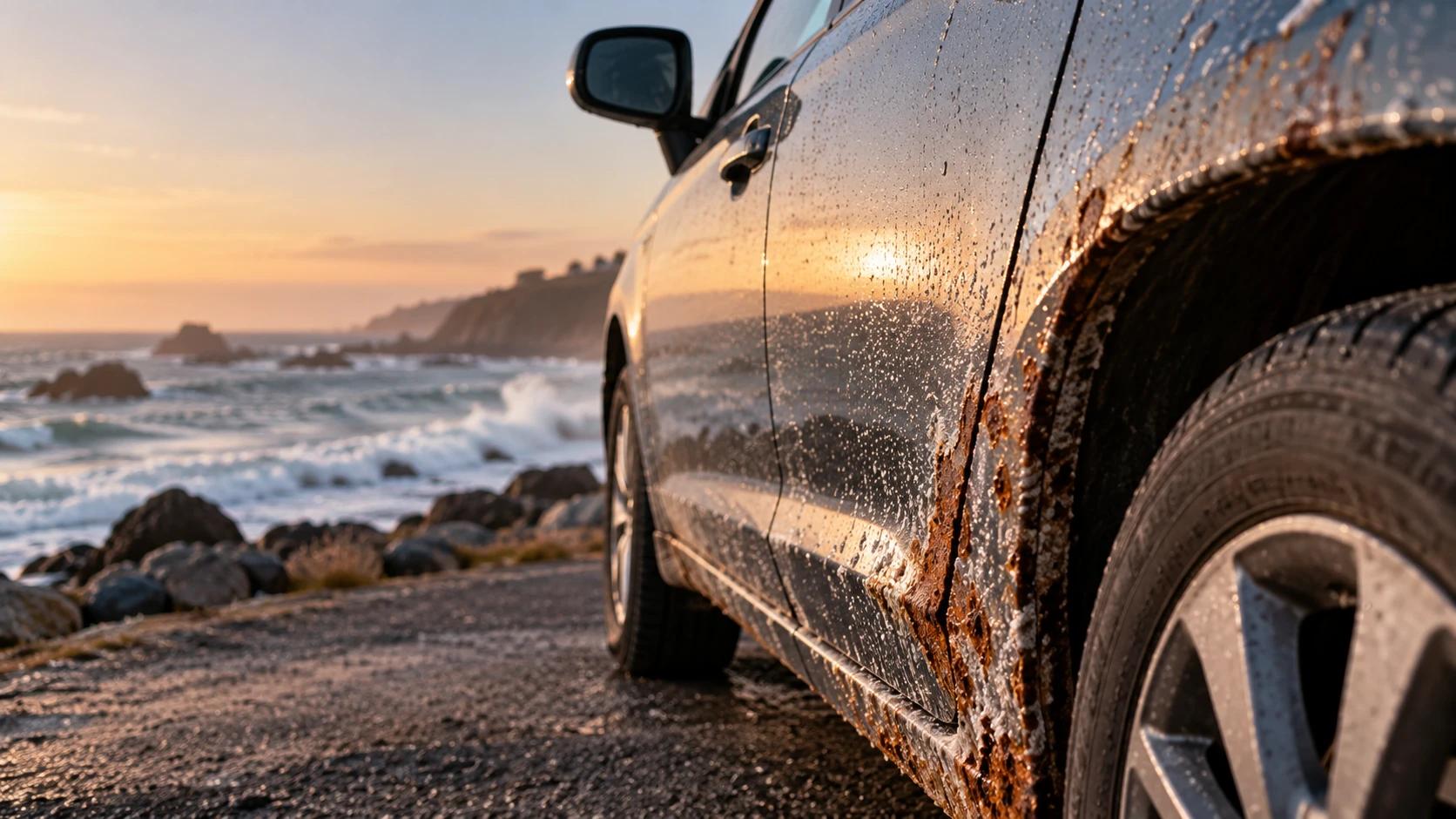 Costado de un auto gris con manchas de óxido en el pasarruedas, estacionado frente al mar al atardecer