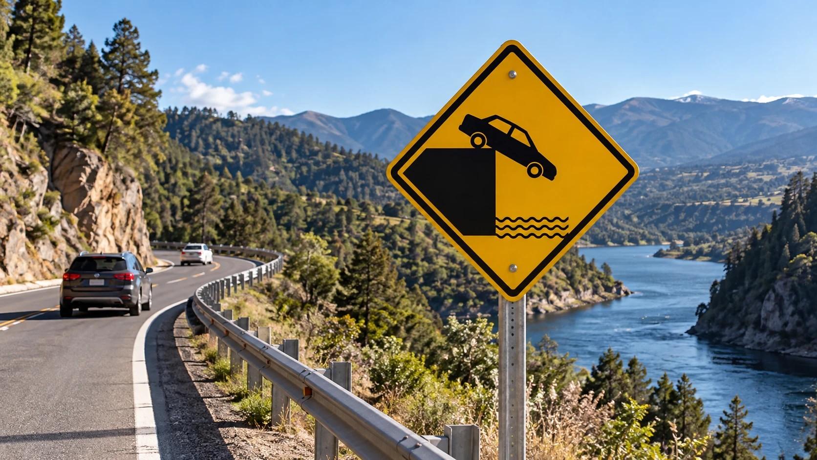 Señal amarilla de advertencia con un auto cayendo al agua junto a una carretera de montaña con barandas, que bordea un río entre cerros con bosque