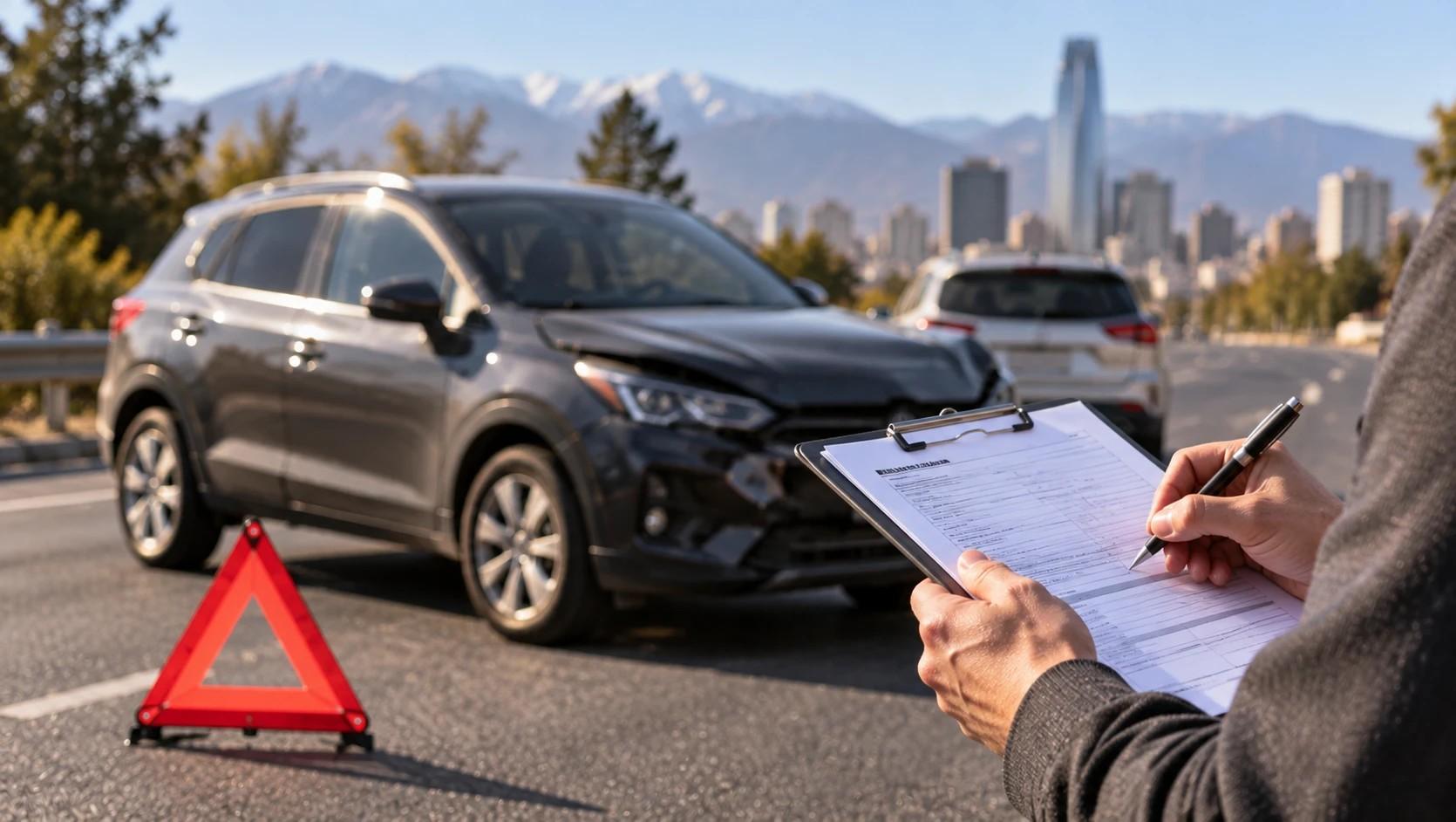SUV chocado en una avenida de Santiago con un triángulo de emergencia y una persona completando un formulario de accidente, con la cordillera al fondo