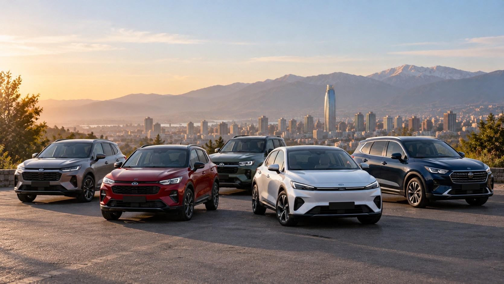 Cinco SUV y crossovers nuevos alineados en un mirador con Santiago y la cordillera al fondo al atardecer